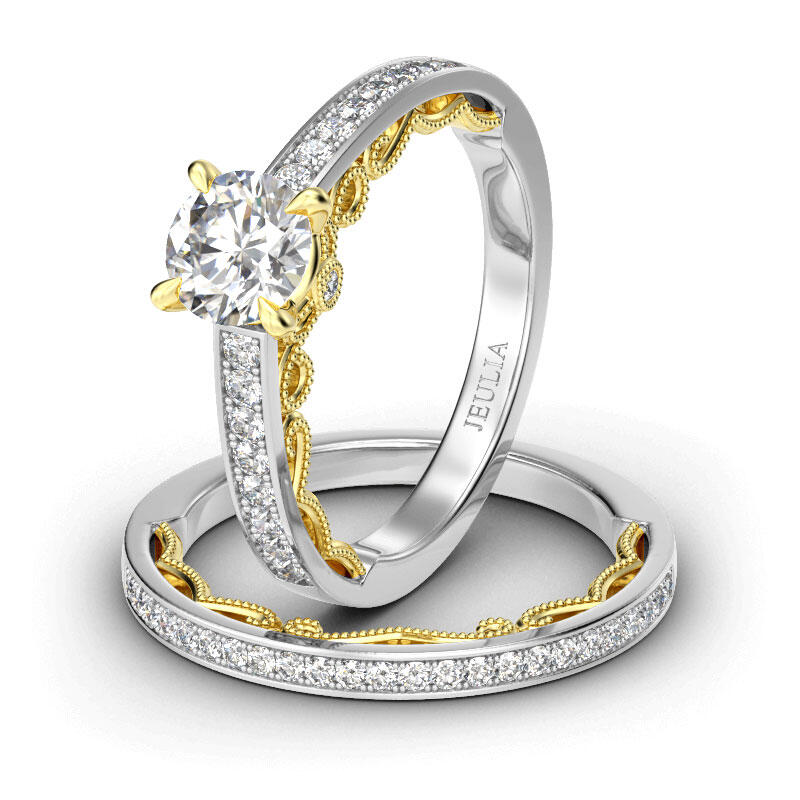 Jeulia Vintage Two Tone Scrollwork Round Cut Sterling Silver Ring Set