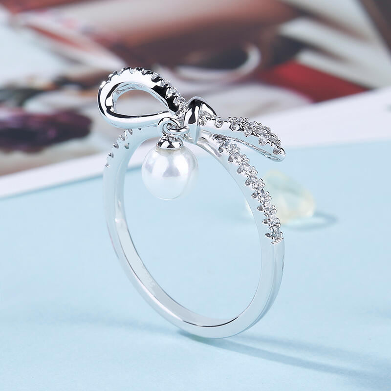 Jeulia Bowknot Cultured Pearl Sterling Silver Ring