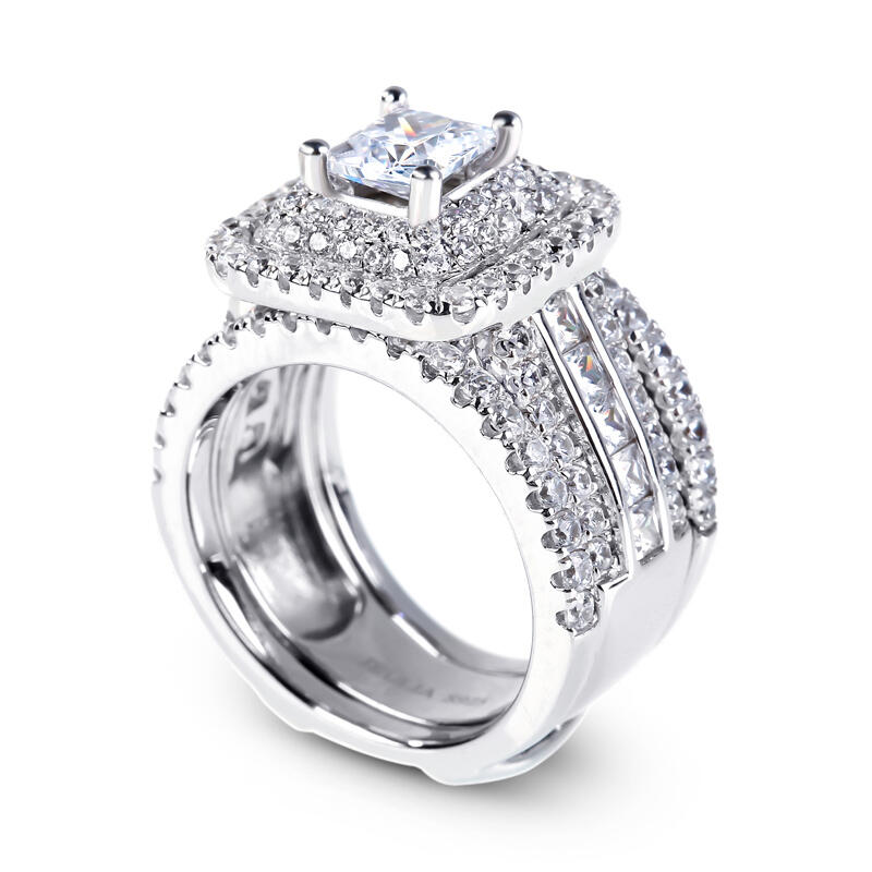 Jeulia Three Halo Princess Cut Sterling Silver Enhancer Ring Set