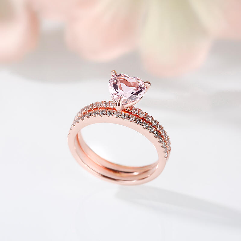 Jeulia Pink Heart Cut Synthetic Morganite Sterling Silver Ring Set