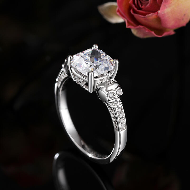 Jeulia Anillo de Compromiso Gótico de Plata de Ley con Calavera y Corte Cojín