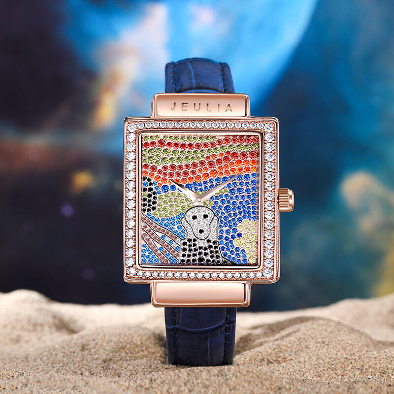 Jeulia "Horror Scream" Ghostface Skull Quartz Blue Leather Watch