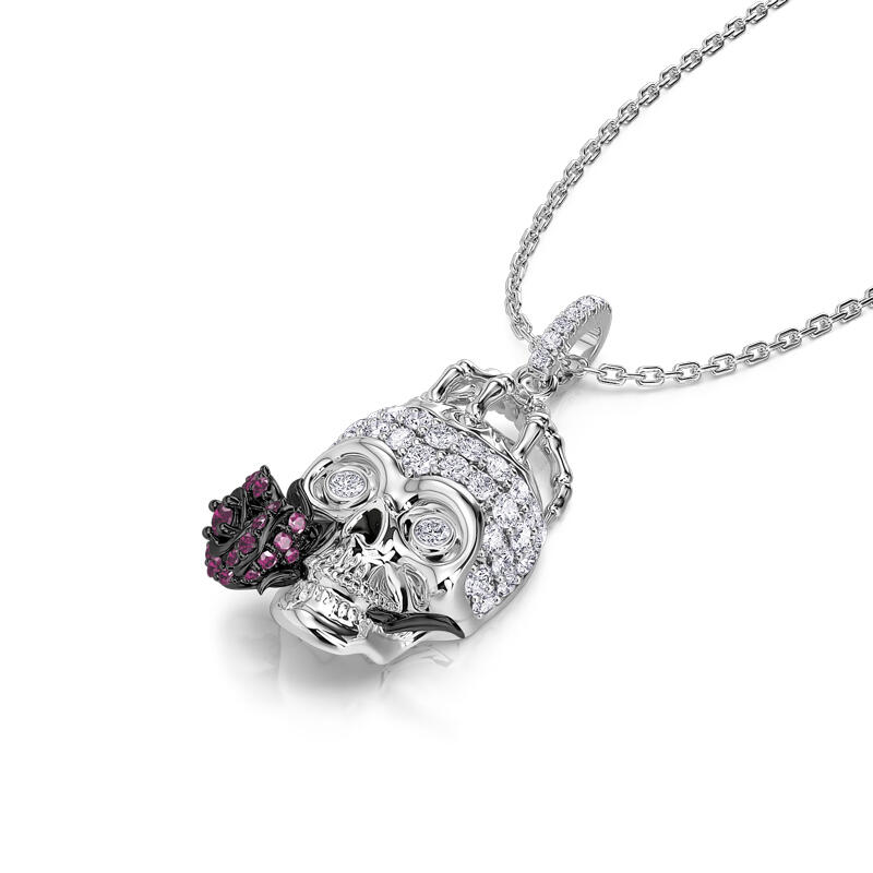 Jeulia "Forever Romance" Skull and Rose Flower Sterling Silver Necklace