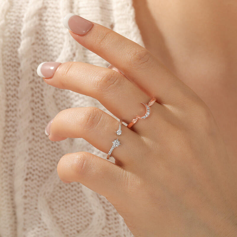 Jeulia Moon and Star Two Tone Puzzle Ring Set Sterling Silver