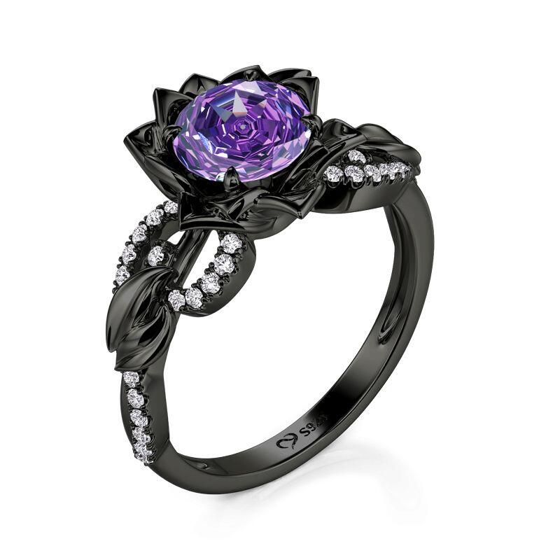 Jeulia Fashion Black Twist Purple Rose Cut Flower Ring