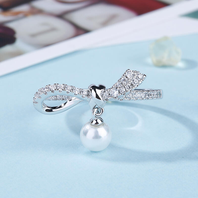 Jeulia Bowknot Cultured Pearl Sterling Silver Ring