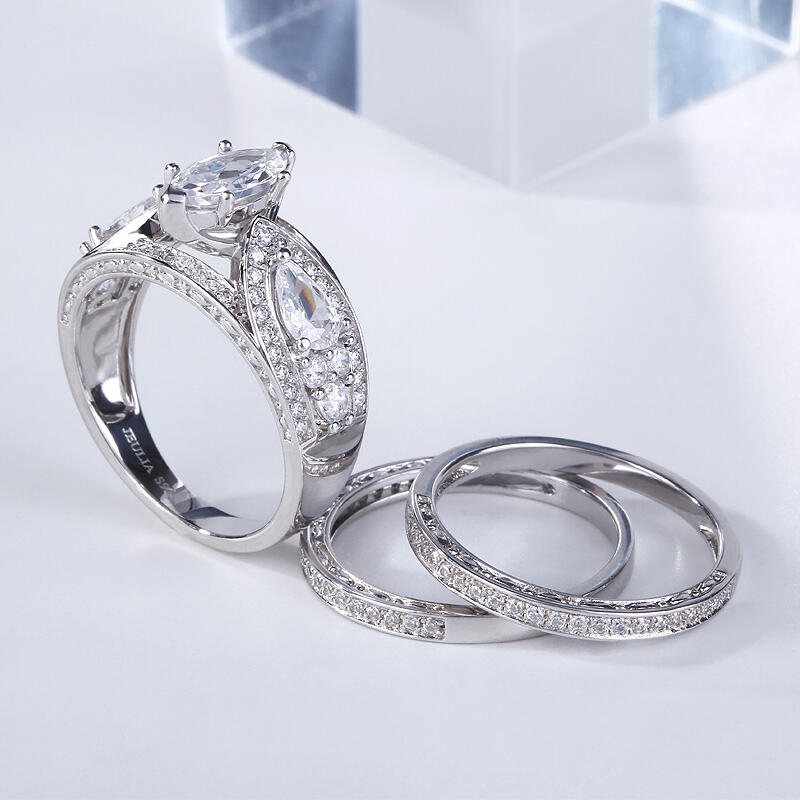 Jeulia Anéis terno de prata esterlina corte marqueza