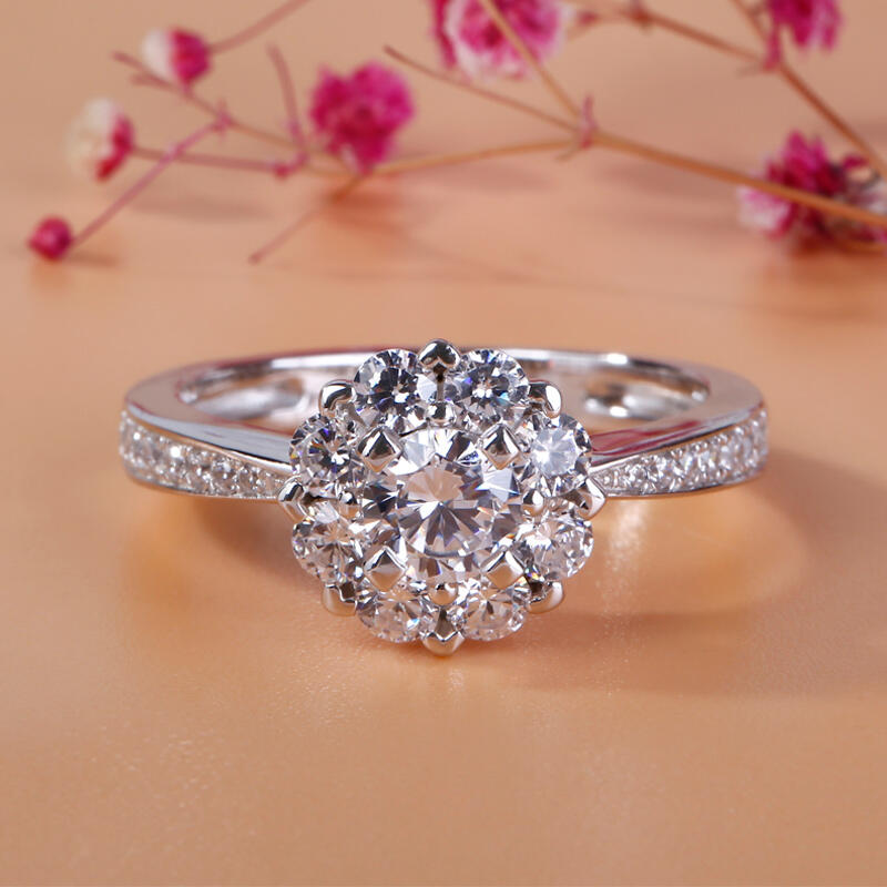 Jeulia Floral Halo Cluster Round Cut Sterling Silver Ring