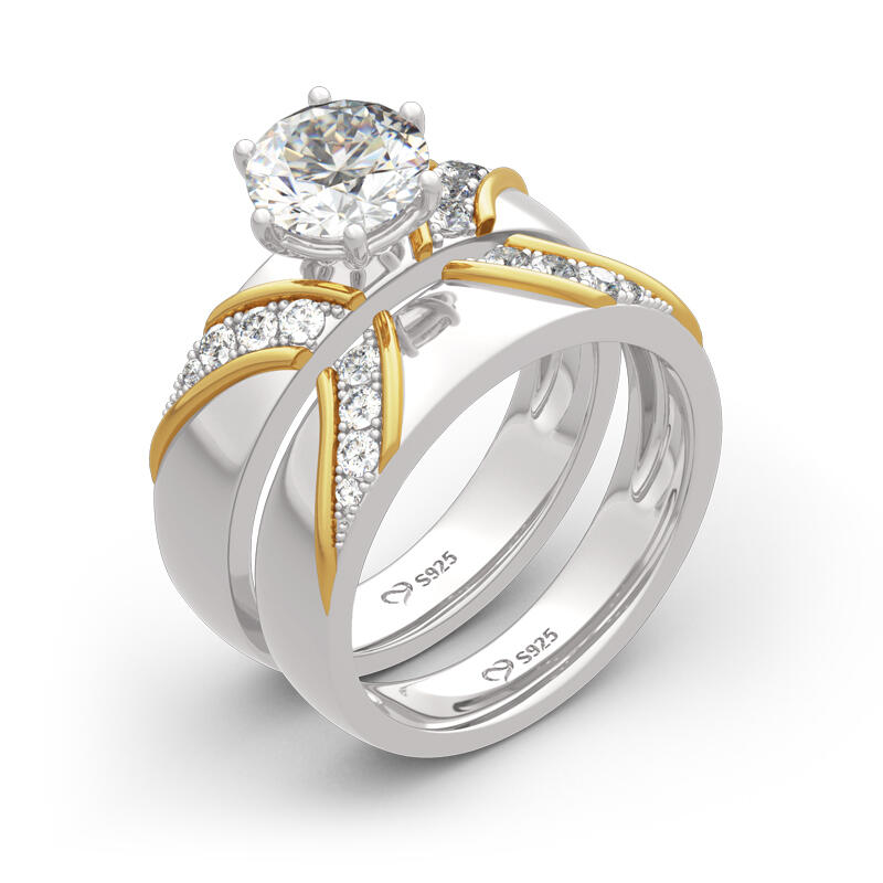 Jeulia Two Tone Round Cut Sterling Silver Ring Set