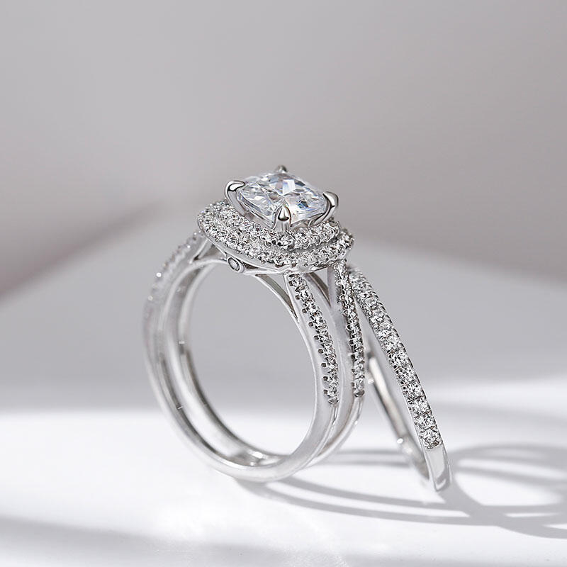 Jeulia dubbele Halo kussen gesneden sterling zilveren ringset