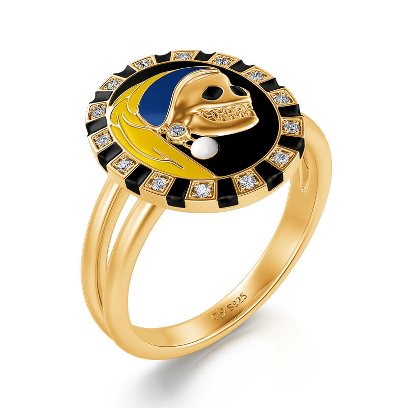 Jeulia "Skull with a Pearl Earring" Two Tone Sterling Silver Ring