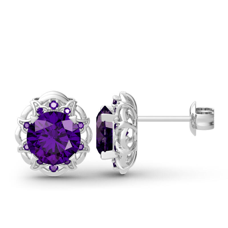 Jeulia Amethyst Flower Round Cut Sterling Silver Stud Earrings