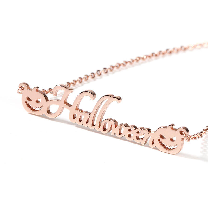 Jeulia "Evil Smiley" Pumpkin Personalized Sterling Silver Name Necklace