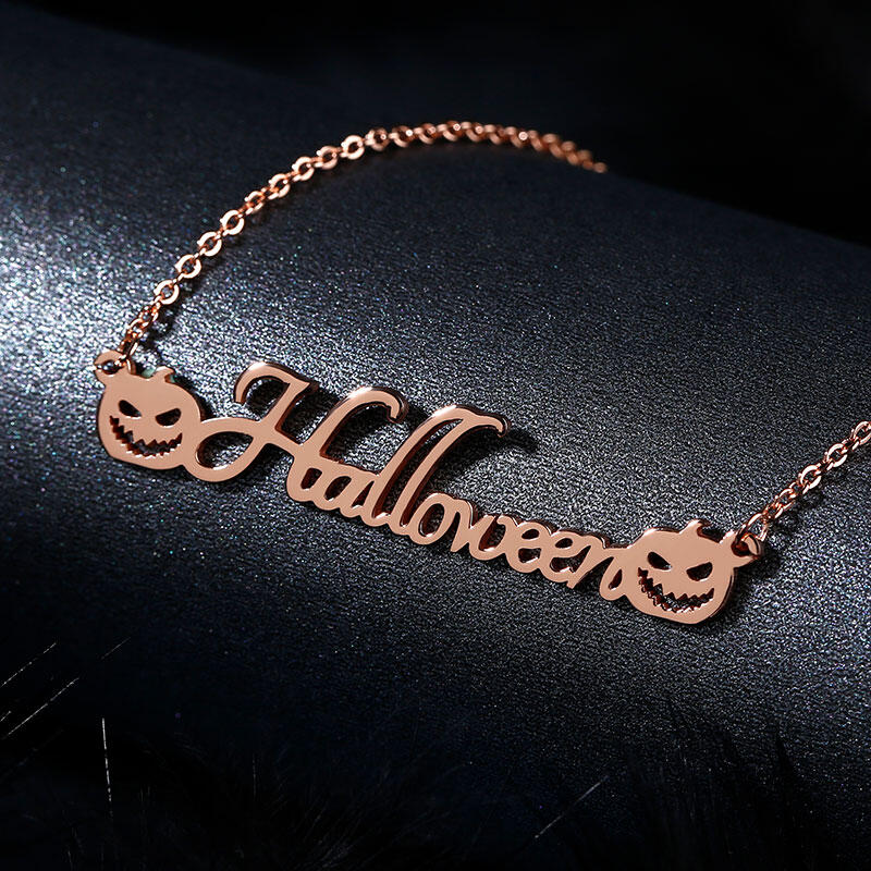 Jeulia "Evil Smiley" Pumpkin Personalized Sterling Silver Name Necklace