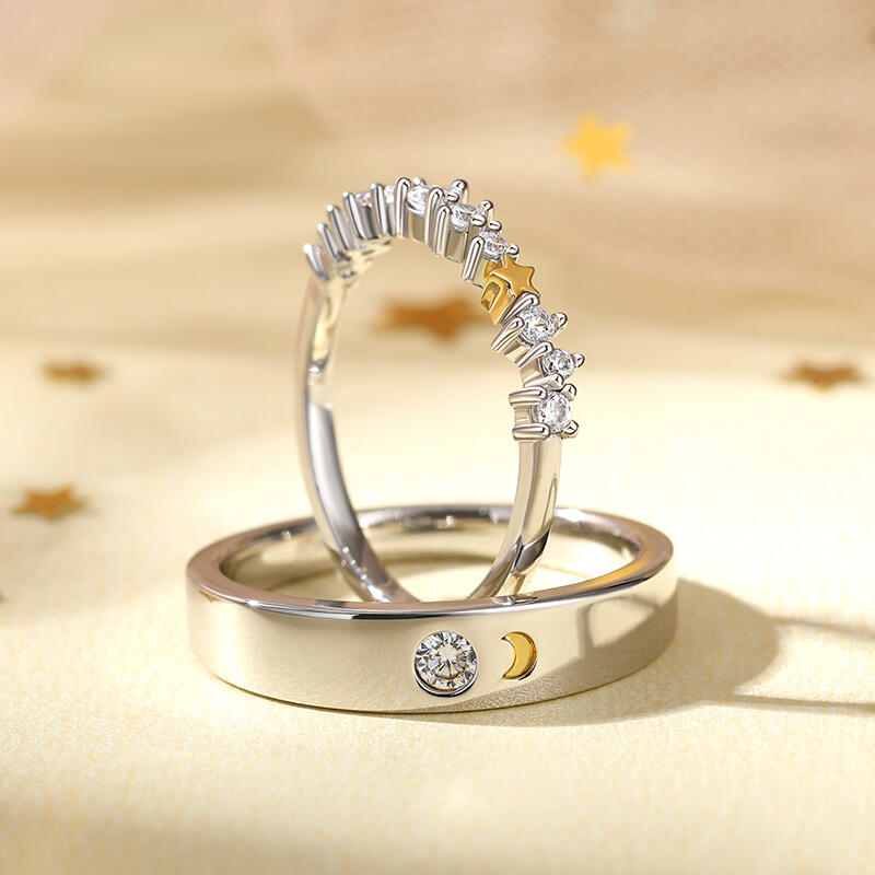 Jeulia Anillo pareja de luna y estrella de compromiso de plata de ley
