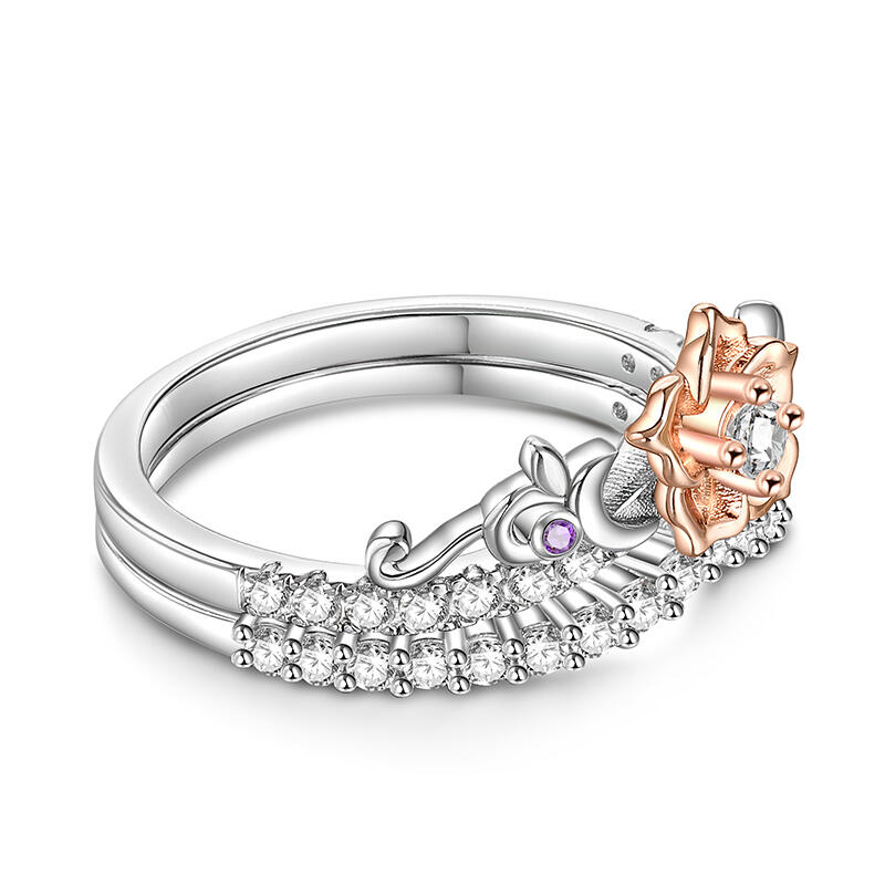 Jeulia Rose Gold Flower Promise Ring Set Two Tone Sterling Silver