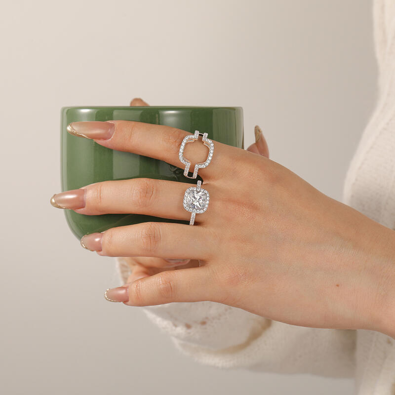 Jeulia Classic Cushion Cut Halo Engagement Ring Set Sterling Silver