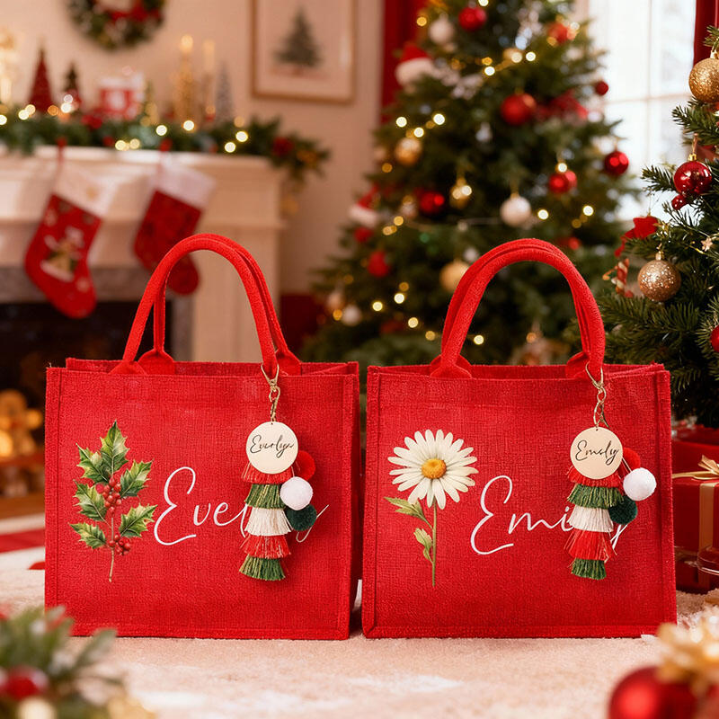Personalized Name Christmas Gift Bags with Birthflower Pattern Beautiful Gift for Mother