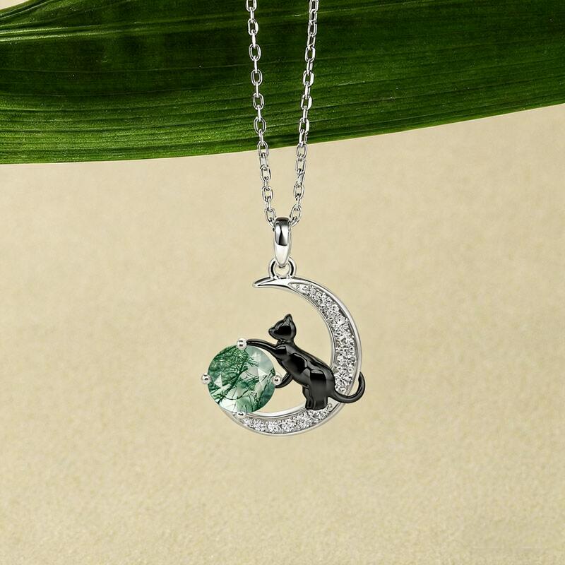 Jeulia "Black Cat on the Moon" Moss Agate Necklace