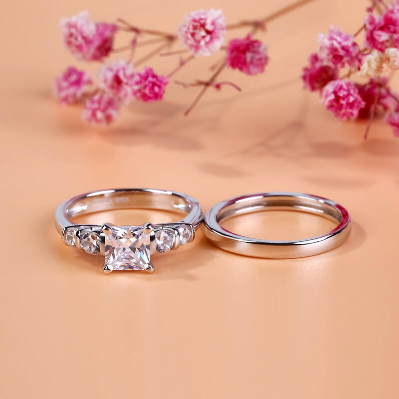 Jeulia Contemporary Design Asscher Cut Sterling Silver Ring Set