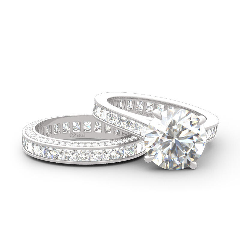 Jeulia Conjunto De Anillos De Eternidad De Plata Esterlina De Tres Lados De Corte Redondo