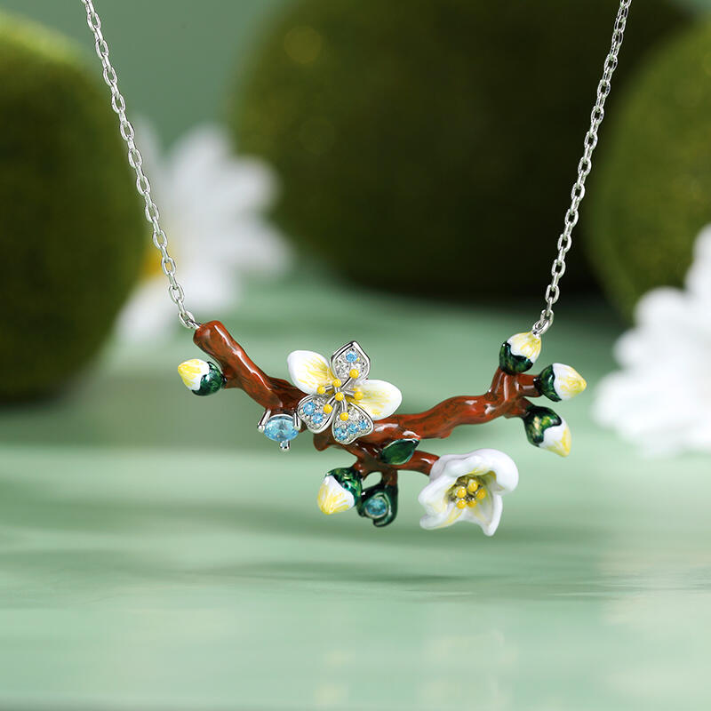 Jeulia "Almond Blossoms" Enamel Sterling Silver Necklace