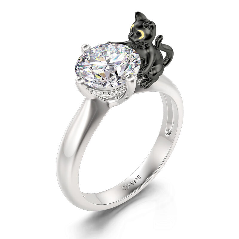 Jeulia Hug Me "Death Witness" Black Cat Round Cut Sterling Silver Ring