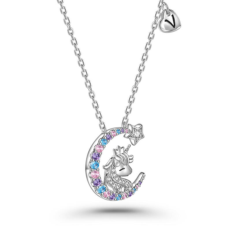 Jeulia 誕生石付きパーソナライズされたユニコーンムーンネックレススターリングシルバー