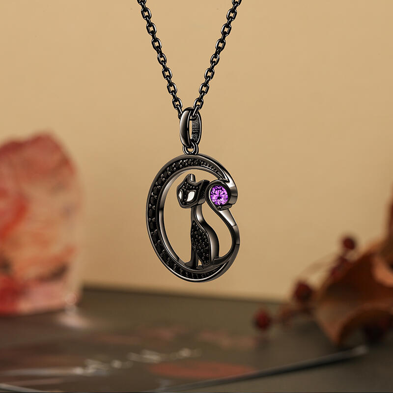 Jeulia "Black Cat on the Moon"Custom Birthstone Necklace