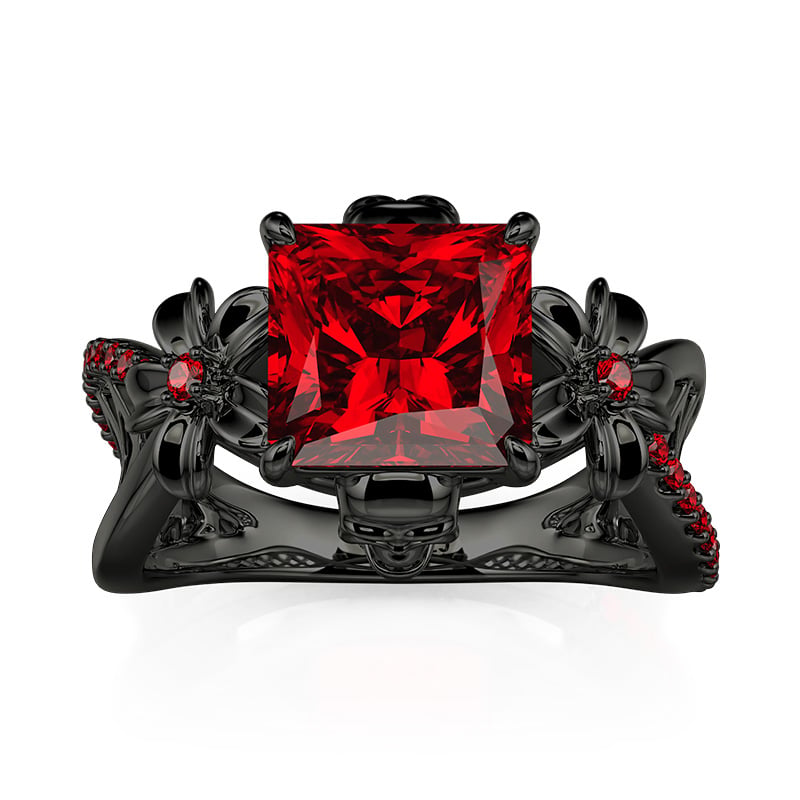 Jeulia Ruby Rings Jeulia Floral Radiant Ruby Gothic Black Skull Ring Hollow Shank ...