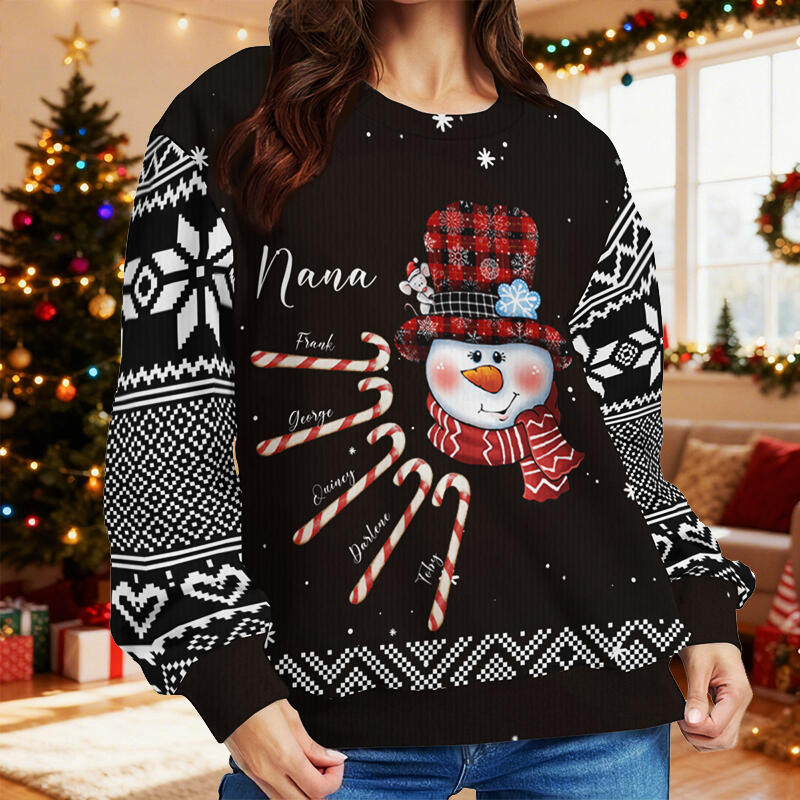 Personalized Ugly Sweater Unisex Nana Snowman Custom Kids Candy Design Cute Christmas Gift for Her Family