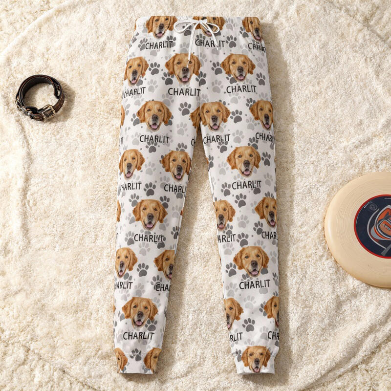Pantalón deportivo unisex personalizado con diseño de huellas de mascotas y foto de mascota. Regalo ideal para amantes de los animales.