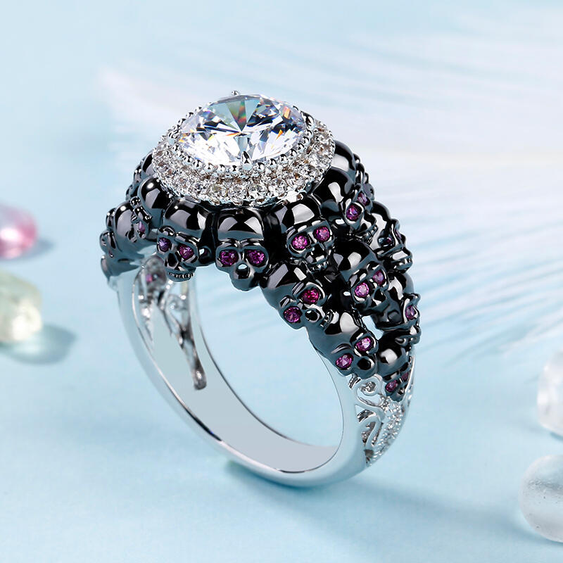 Jeulia Anillo De Calavera De Plata Esterlina Con Talla Redonda De Dos Tonos Con Halo