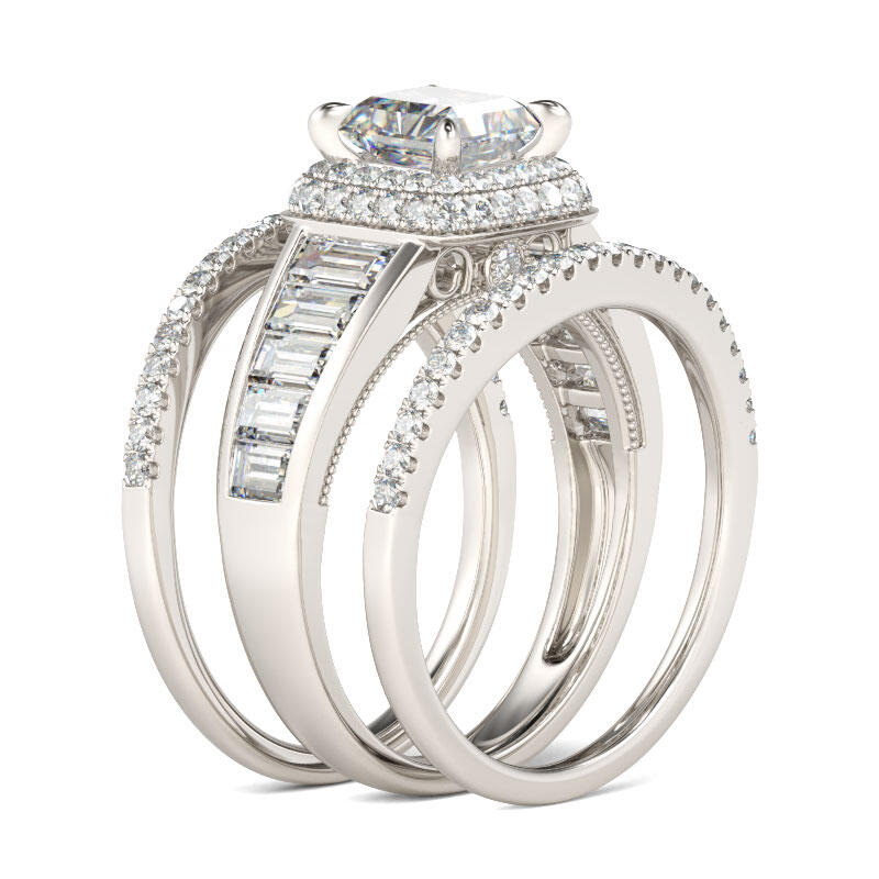 Jeulia Double Halo Princess Cut Sterling Silver 3PC Ring Set