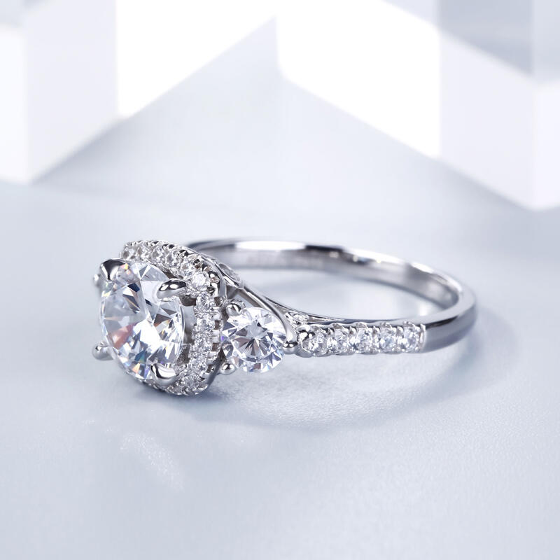 Jeulia Three Stone Halo Round Cut Sterling Silver Ring