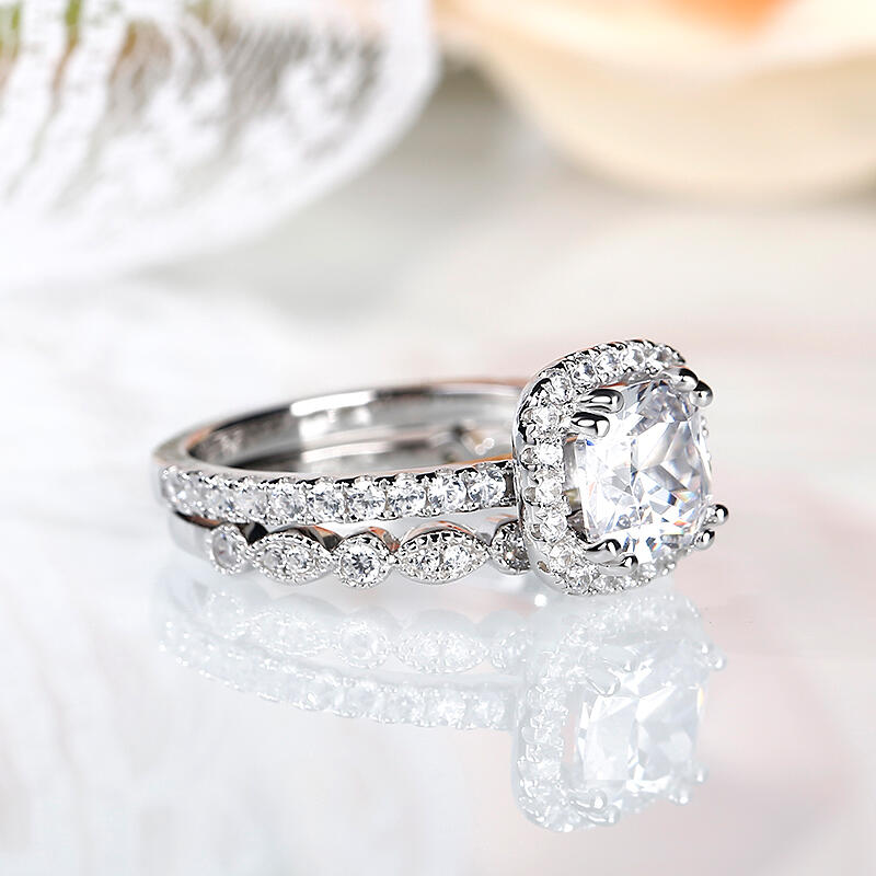 Jeulia Halo Cushion Cut Sterling Silver Ring Set