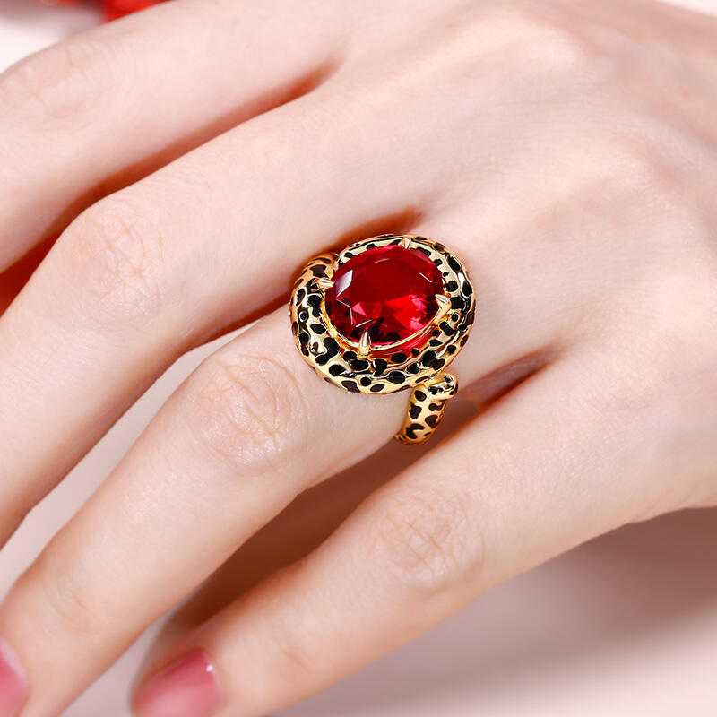 Jeulia Anel de prata esterlina 925 personalizado com estampa de leopardo e lapidação de gema vermelha redonda