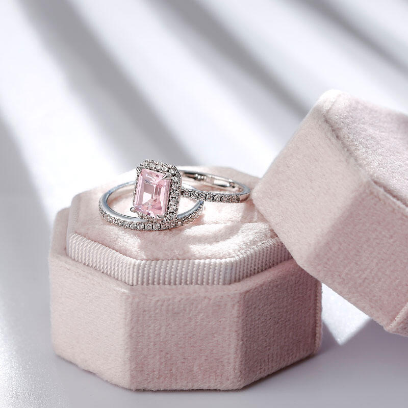 Jeulia Halo Emerald Cut Synthetic Morganite Sterling Silver Ring Set