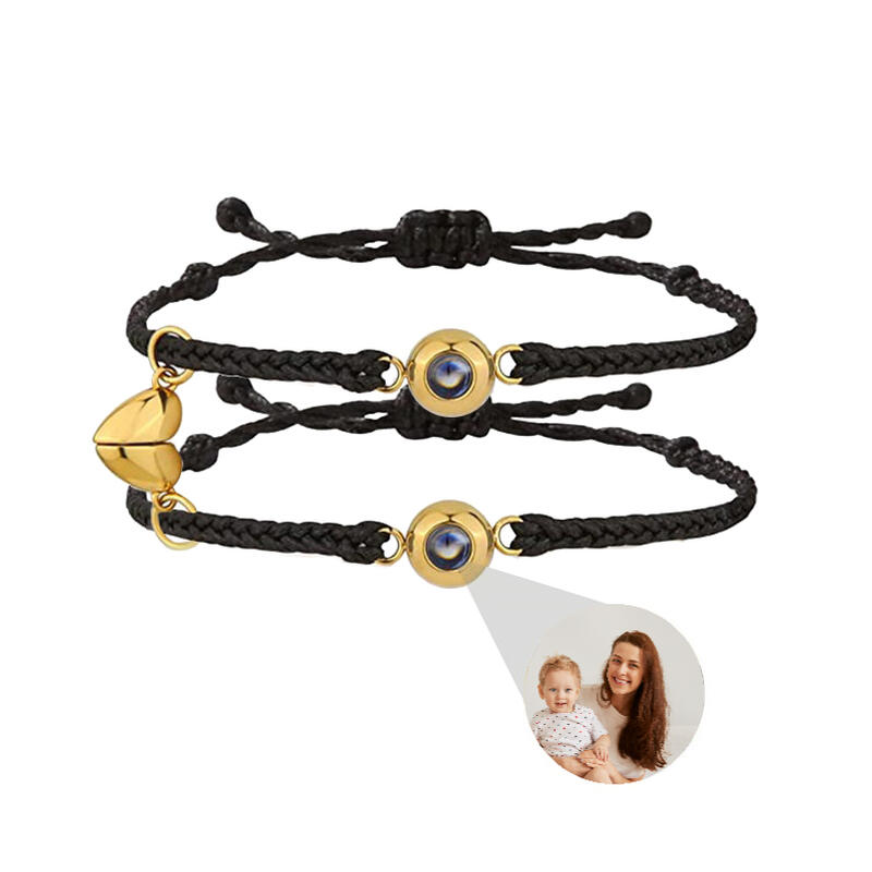 Bracciali con Foto Dentro Corda Nera con Magente a Cuore per Coppia