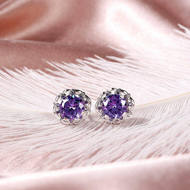 Jeulia Amethyst Flower Round Cut Sterling Silver Stud Earrings