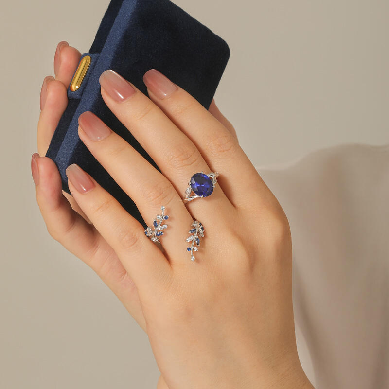 Jeulia Vintage Cubic Leaf Sapphire Ring Set