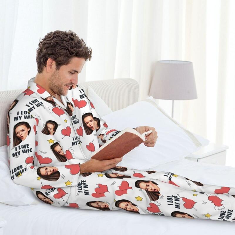 Personalized Pajamas Custom Face Photo I Love You Cute Hearts Design Perfect Gift for Couples