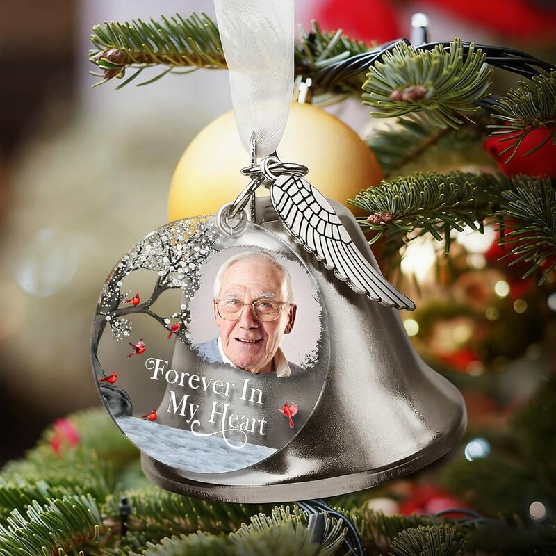 Personalized Picture Bell Ornament with Birds Pattern Memorial Gift for Christmas