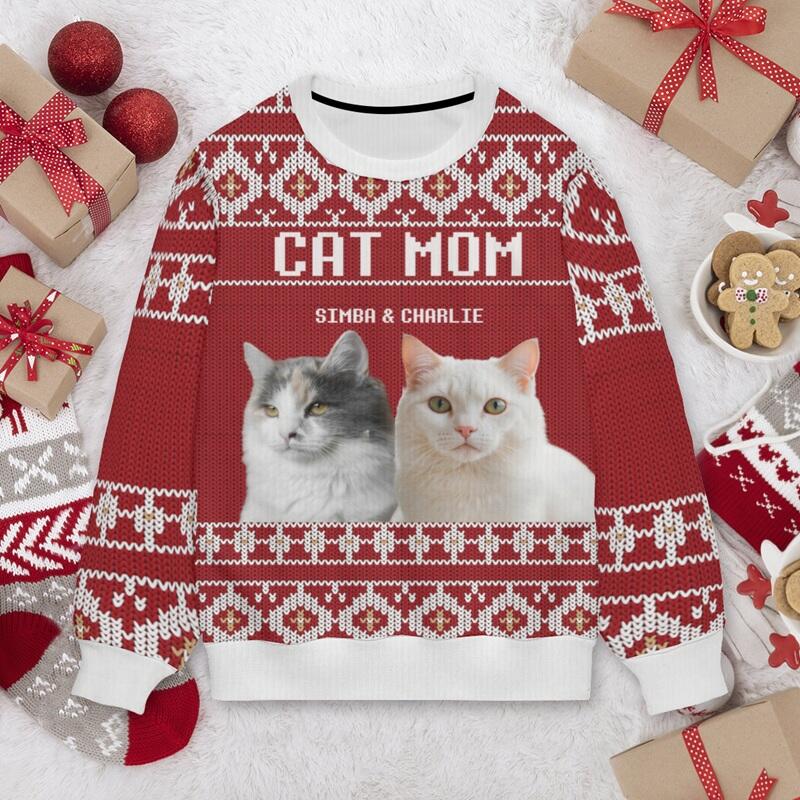 Pull moche personnalisé unisexe avec photos d'animaux domestiques motif rouge festif cadeau de Noël idéal pour les amoureux des animaux