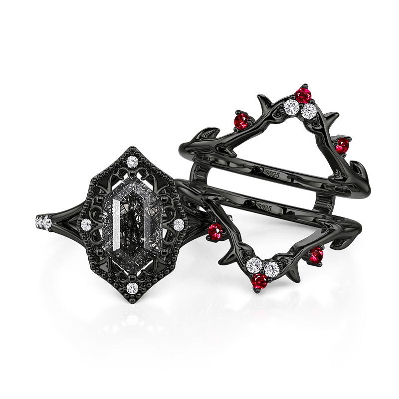 Jeulia Gothic Thorn Hexagon Black Rutilated Quartz Bridal Set