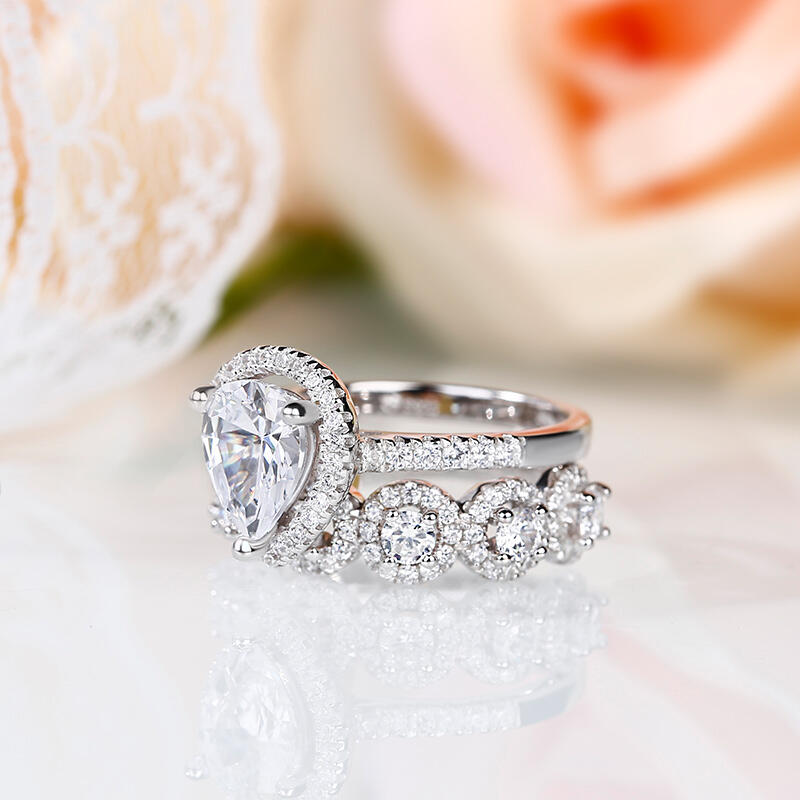 Jeulia Halo Pear Cut Sterling Silver Ring Set