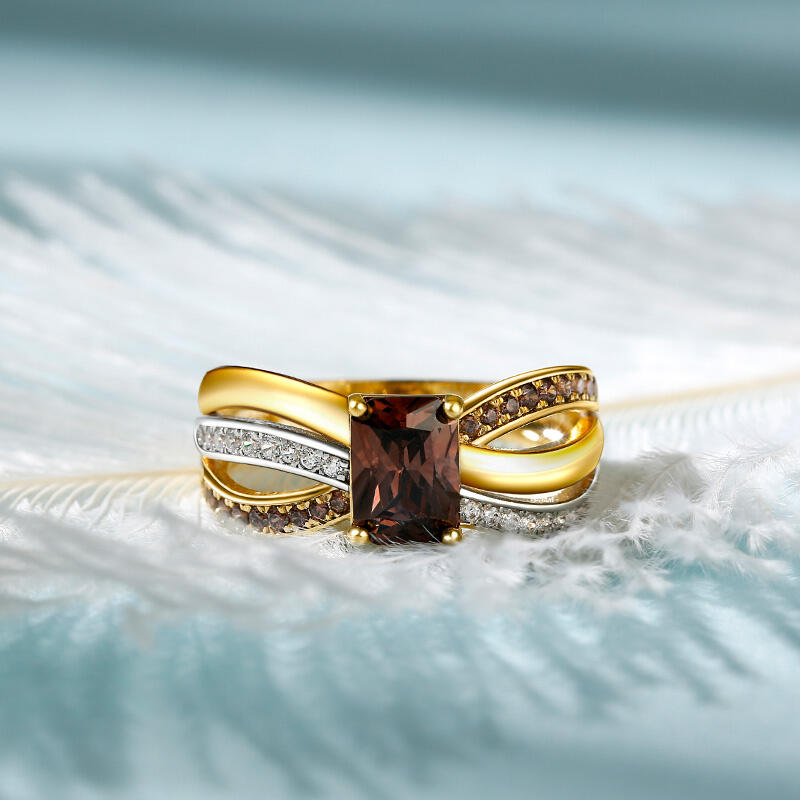 Jeulia "Delicious Coffee" Two Tone Crossover Emerald Cut Sterling Silver Ring