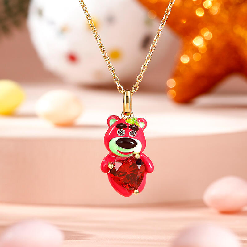 Jeulia Hug Me "Pink Boy"  Bear with Strawberry Sterling Silver Necklace