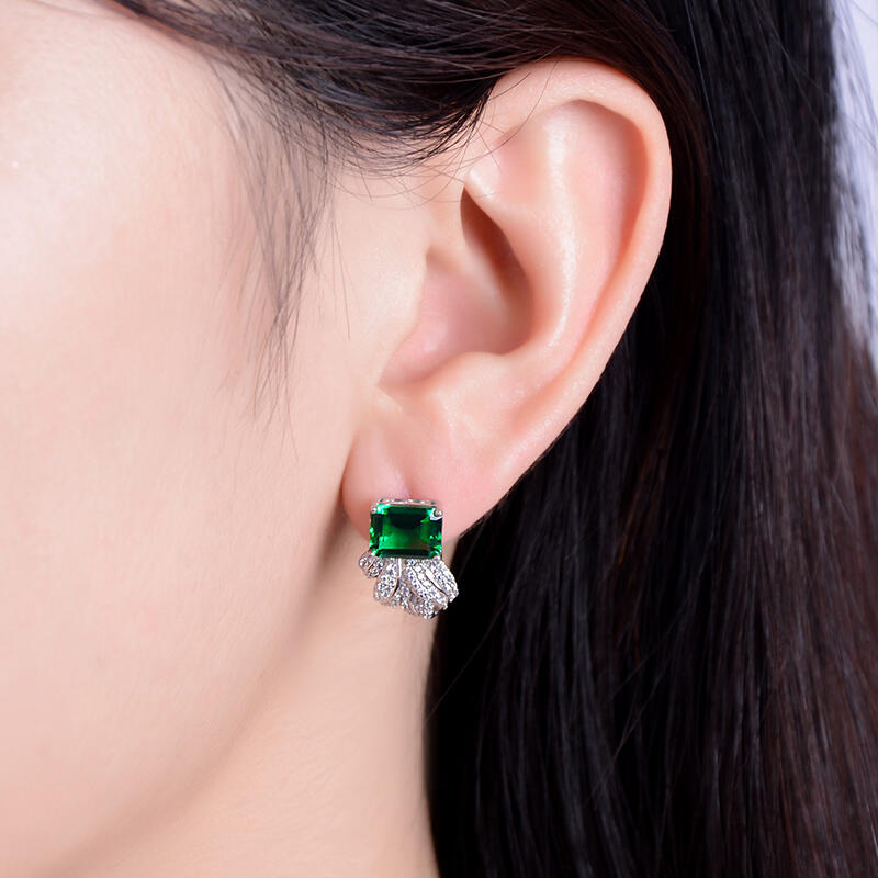 Jeulia Leaf Design Emerald Cut Sterling Silver Earrings