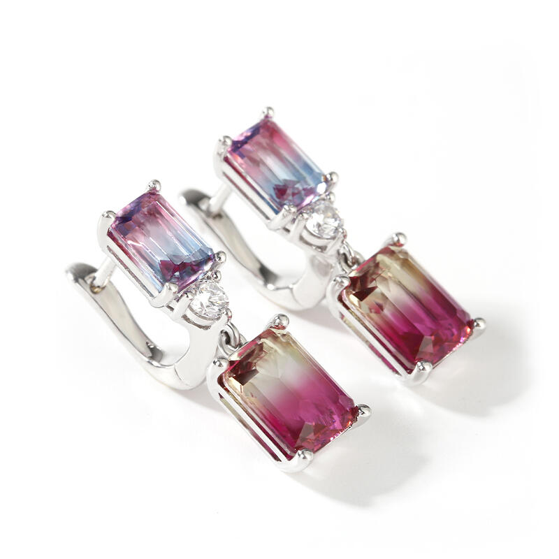 Jeulia Elegant Emerald Cut Watermelon Stone Sterling Silver Earrings